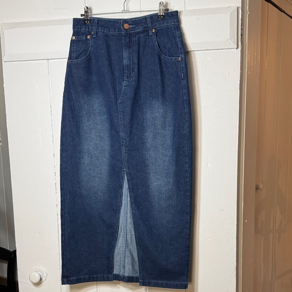 EUC Rachel Zoe Indigo Denim Midi Skirt Front Slit